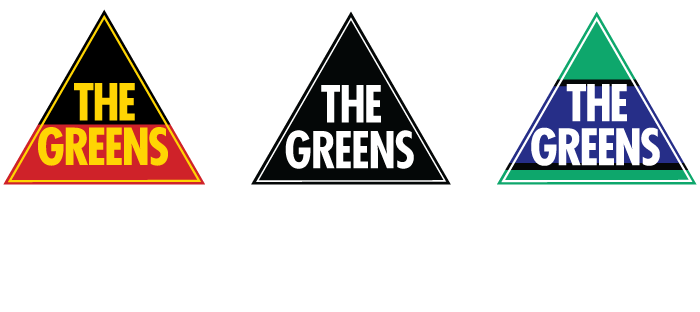 Text reads The Greens First Nations Network. Above the text are three Greens logos - styled after the Aboriginal Flag, with black and red stripes and yellow higlights, styled all in black, and styled after the Torres Strait Islander flag with green, black and blue stripes and white highlights